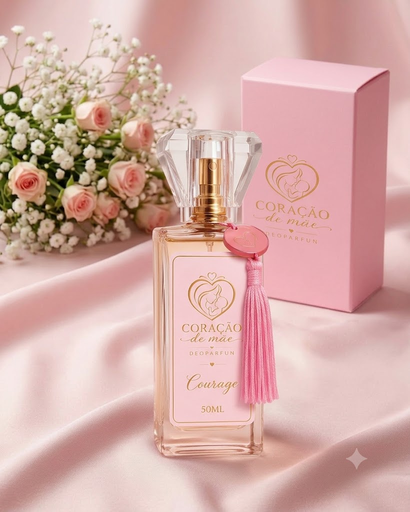 Perfume artesanal Coração de Mãe, com embalagem rosa e caixa de presente
